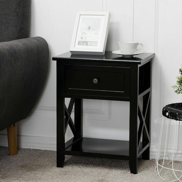 Costway 1-Drawer Black End Bedside Table Nightstand Drawer Storage Room Decor with Bottom Shelf 16 in. x 12 in. x 21 in.
