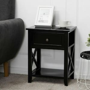 1-Drawer Black End Bedside Table Nightstand Drawer Storage Room Decor with Bottom Shelf 16 in. x 12 in. x 21 in.