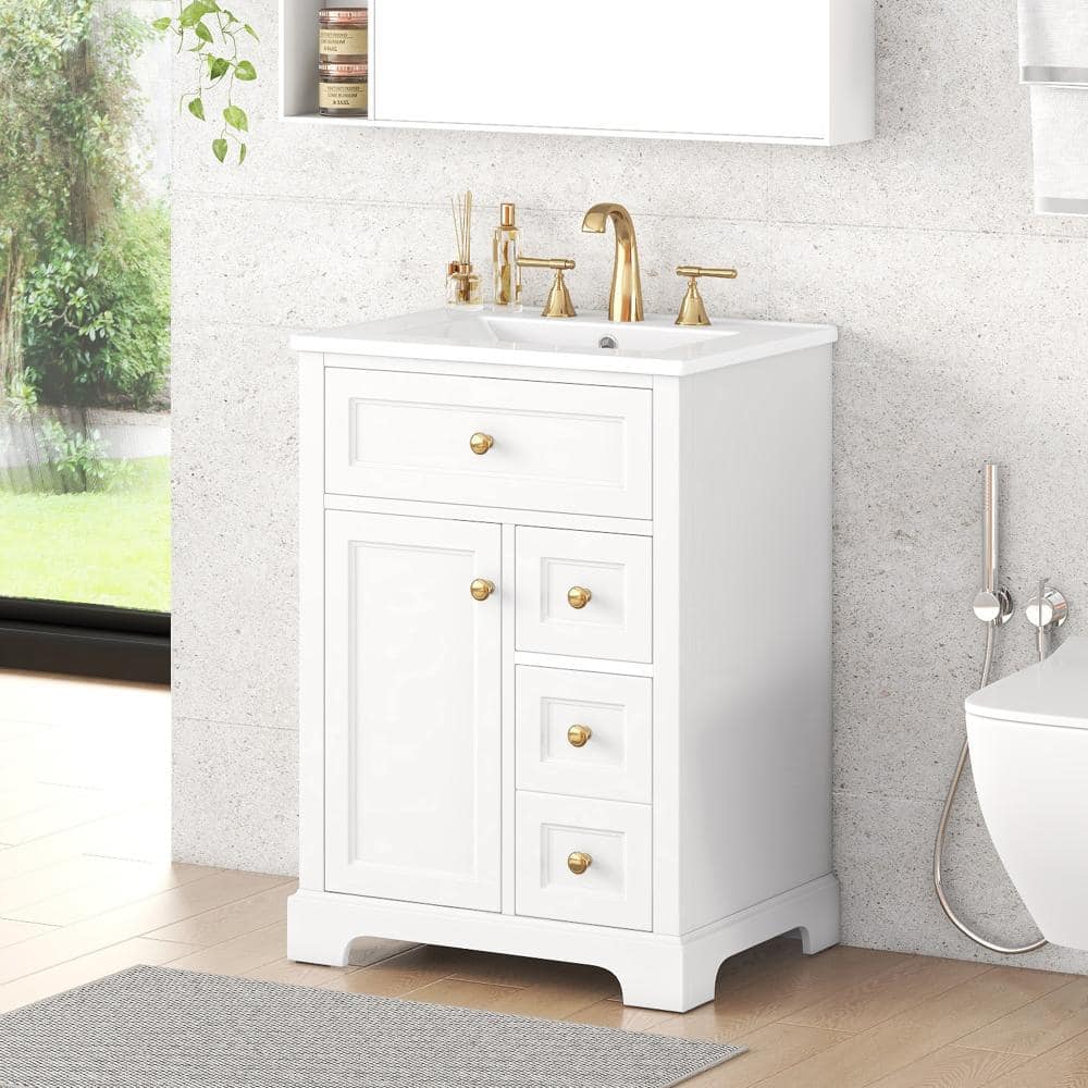 "24"" White Vanity Sink, MDF&Pinewood, Soft-Close 3 Drawers, 2-Tier Door Storage Cabinet" price history on PriceWatchPro
