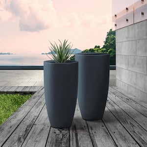 13.39 in. x 23.62 in. Round Charcoal Finish Lightweight Concrete and Fiberglass Planters with Drainage Holes (Set of 2)