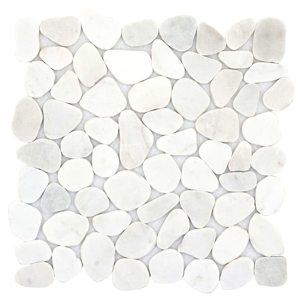 EMSER TILE Cultura White Honed and Tumbled 11.81 in. x 11.81 in. x 8 mm Pebbles Mesh-Mounted Mosaic Tile (1 sq. ft.)