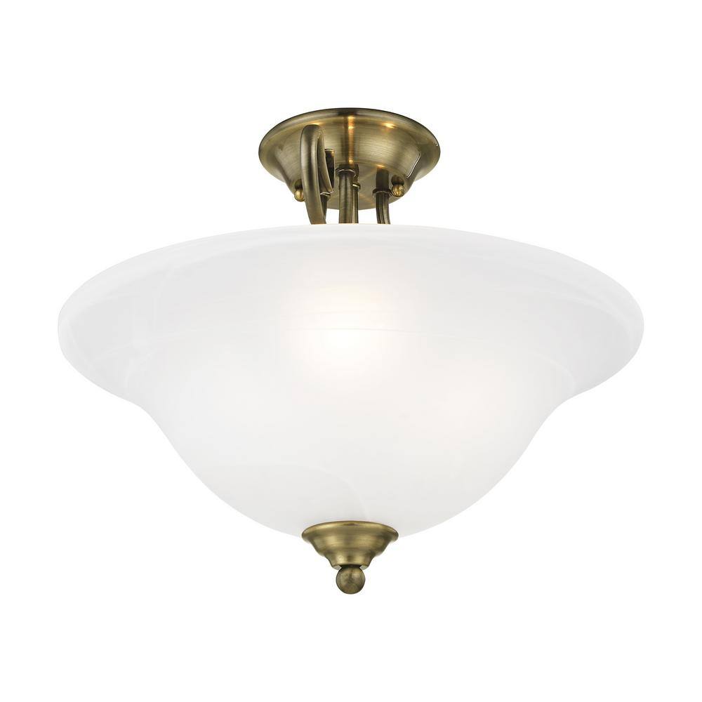 Antique Brass 3-Light Semi-Flush Mount with White Alabaster Glass