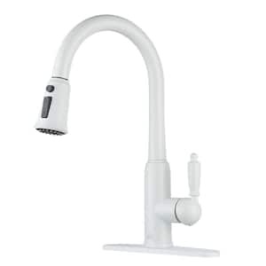 Single Handle Pull-Down Sprayer Kitchen Faucet with Three-function Pull out Sprayer head, Deckplate in Matte White
