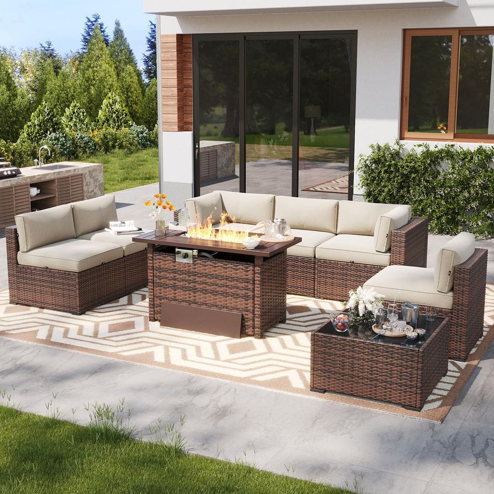 Sizzim Brown 8-Piece Wicker Outdoor Patio Fire Pit Set with Beige Cushions, Patio Sectional Set with Fire Pit Table MBP-12013BRRD-8
