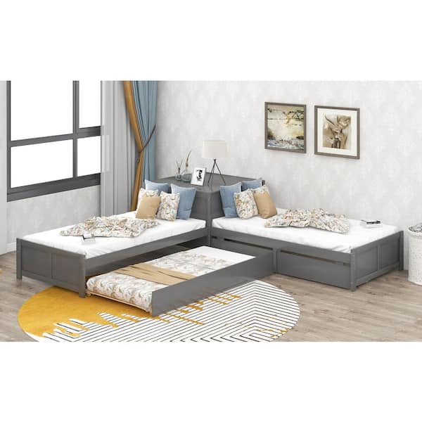 119.3 in. W Gray Twin L Shaped Platform Bed with Trundle and Drawers Linked with Built in Flip Square Table LJ3 8LBd Gr The Home Depot