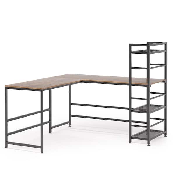 Tribesigns Lantz 59 in. L-Shaped Brown Desk Vintage Wood Corner Desk Study with 4-Tier Storage Shelves