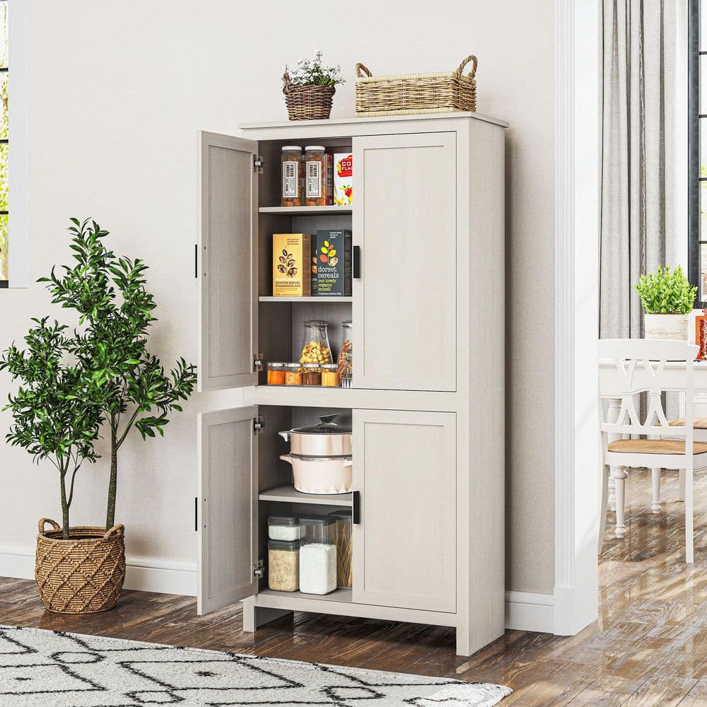 64 in. 4-Door Kitchen Pantry, Freestanding Storage Cabinet with 3 Adjustable Shelves for Kitchen, Antique White