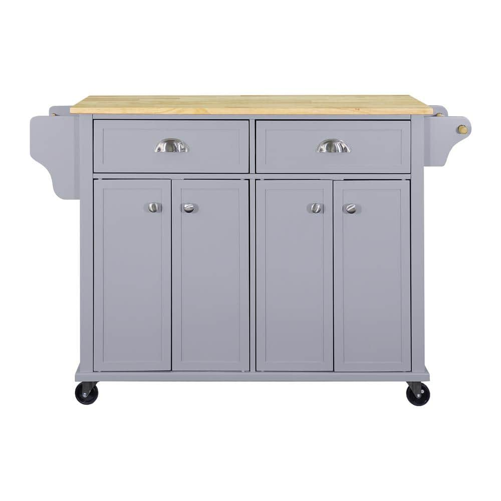 Gray Rubber Wood Kitchen Cart With Drop Leaf 4 Door Cabinet 2 Drawers Spice Rack And Towel