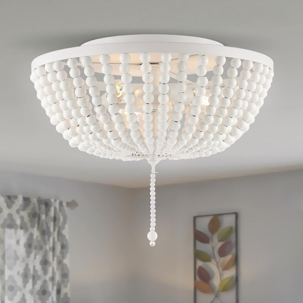 Allison 15" White Wood Beaded LED Flush Mount Light