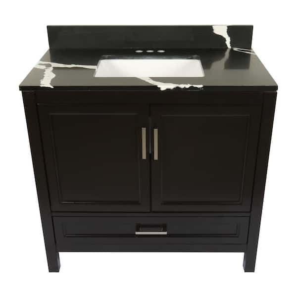 Ella Nevado 37 in. W x 22 in. D x 36 in. H Bath Vanity in Espresso with Quartz Stone Calacatta Black Top with White Basin