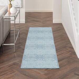 Washables Collection Aqua 2 ft. x 6 ft. Damask Contemporary Runner Rug Machine Washable
