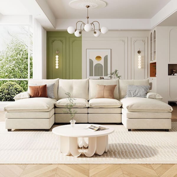 J&E Home 115.4 in. Square Arm 6-piece U Shaped Chenille Sectional Sofa with Ottoman For Living Room in Beige