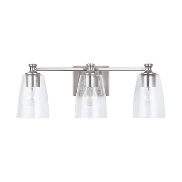 HOMEPLACE LIGHTING 23 in. W x 8.5 in. H x 8 in. E 3-Light Clear Seeded Glass Vanity Light in Brushed Nickel