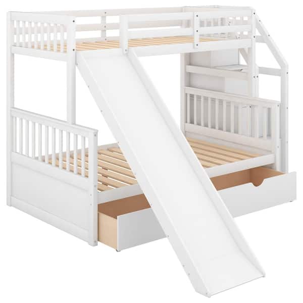 Nestfair White Wood Twin over Full Bunk Bed with Drawers,Storage and ...