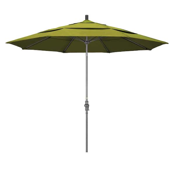 California Umbrella 11 ft. Hammertone Grey Aluminum Market Patio Umbrella with Collar Tilt Crank Lift in Kiwi Olefin