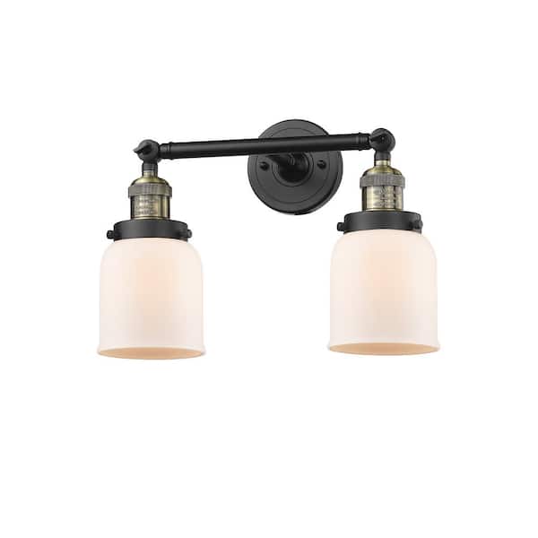 Bell 16 in. 2 Light Matte White, Black Antique Brass Vanity Light with White Glass Shade
