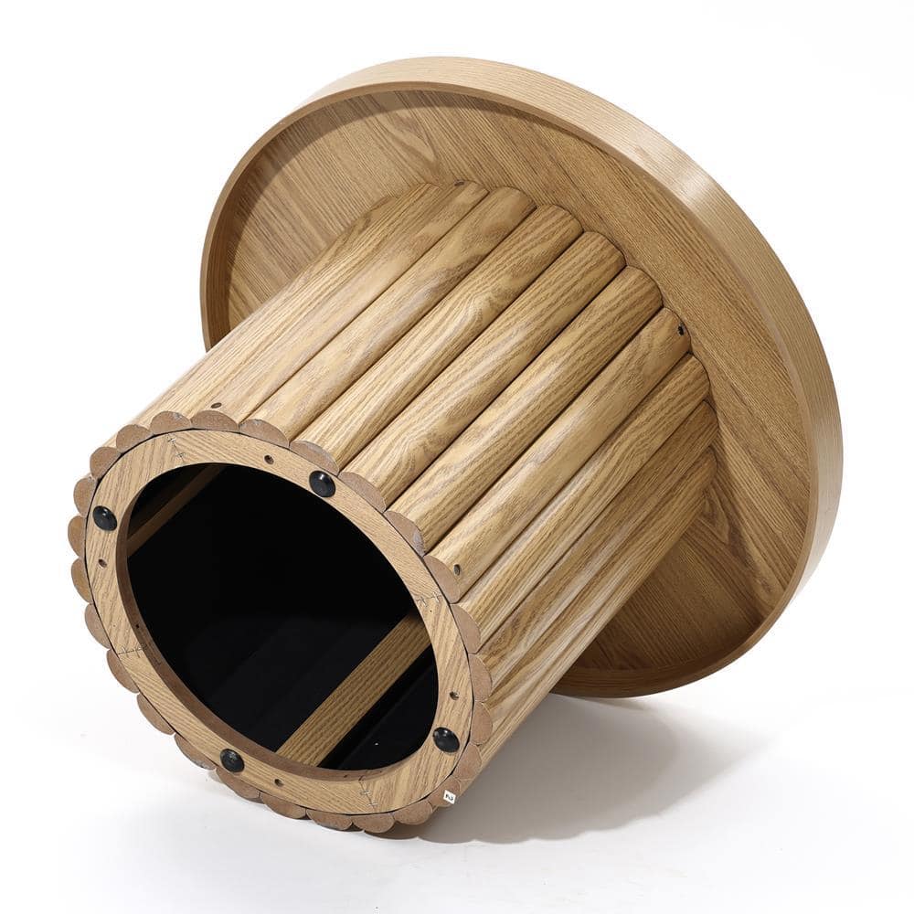 Fluted Round Oak Finish Wood Coffee Table