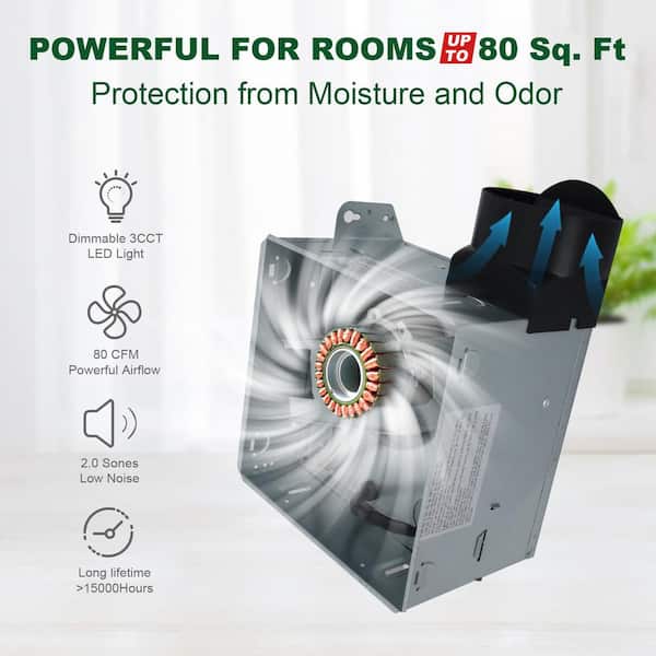 Akicon - Bathroom Exhaust Fan Light, 80 CFM 2-Sones, 15-Watt Dimmable 3000K/4000K/5500K 3CCT LED Light (Brushed Nickel)