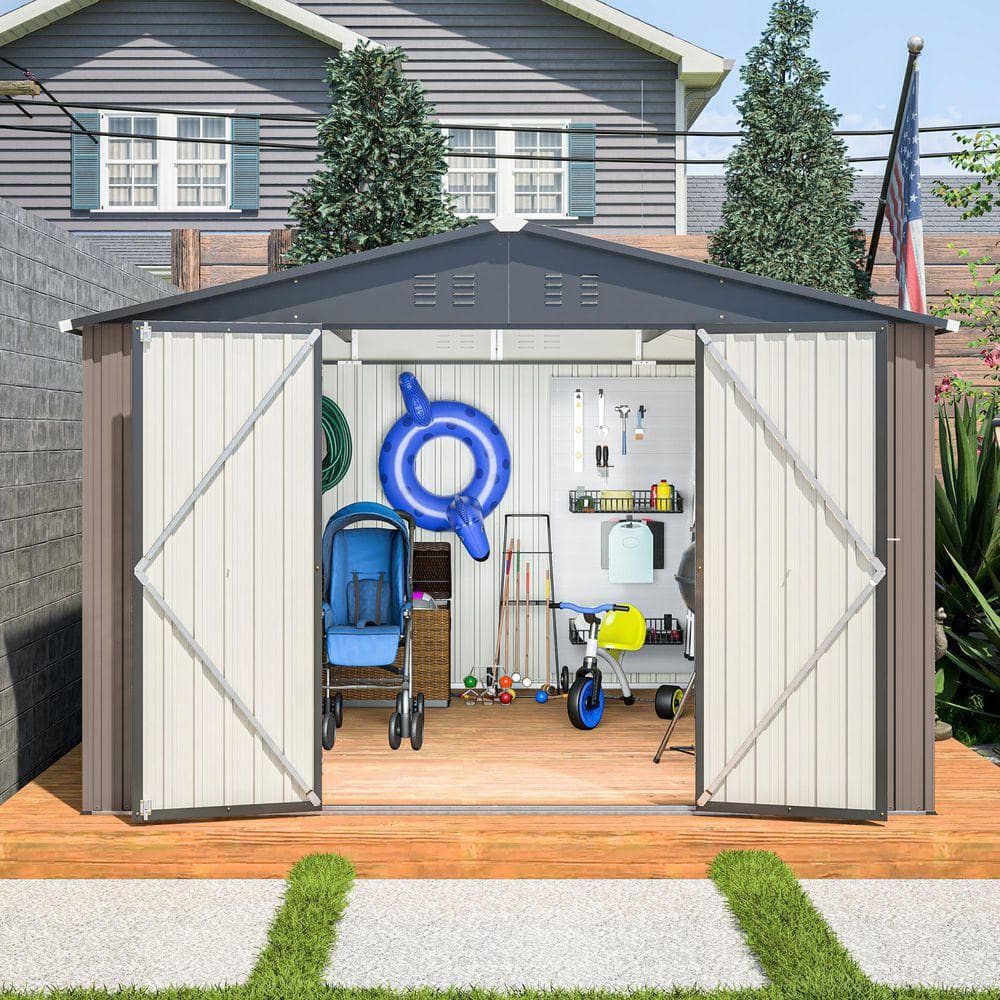 10 ft. W x 10 ft. D Brown Metal Outdoor Storage Shed with 2