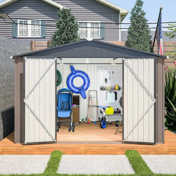 10 ft. W x 10 ft. D Brown Metal Outdoor Storage Shed with 2
