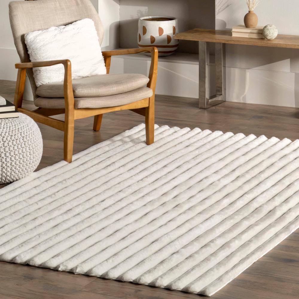 Kai Off White Faux Fur Stripe Washable Area Rug