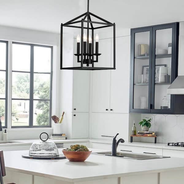 Hukoro 12 in. 4-Light Rectangle Lantern Chandelier with Matte Black