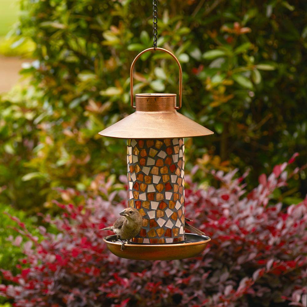 Adelie Mosaic Glass and Copper Hanging Solar Bird Feeder