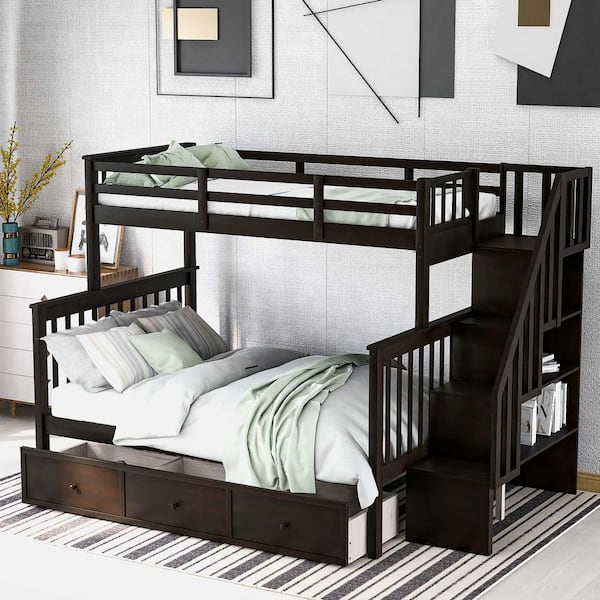 Polibi Espresso Stairway Twin-Over-Full Bunk Bed with Drawer, Storage and Guard Rail for Bedroom, Dorm, for Adults