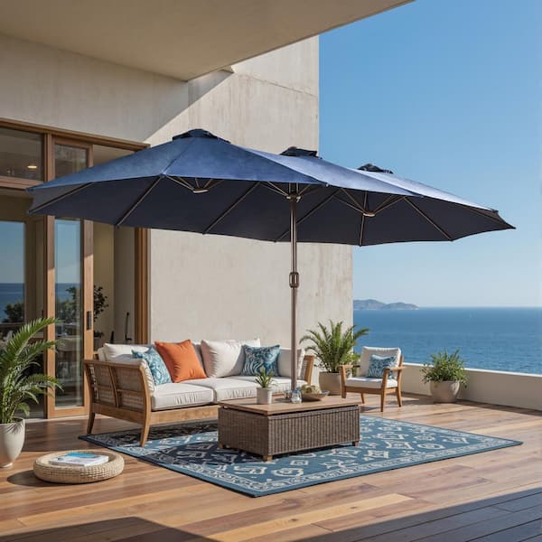 MIMI Double Top 14.5 ft. Steel Cantilever Outdoor Patio Umbrella with Weighted base in Dark Blue