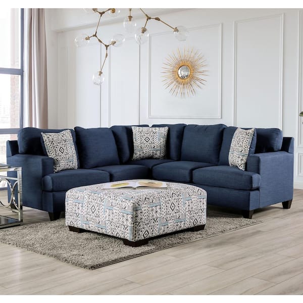 Furniture of America Witham 90 in. W Polyester L-Shaped Sectional Sofa in Blue with Ottoman