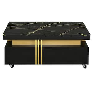 39.3 in. Black Rectangle MDF Coffee Table With 2-Drawers And Gold Metal Bar Decoration