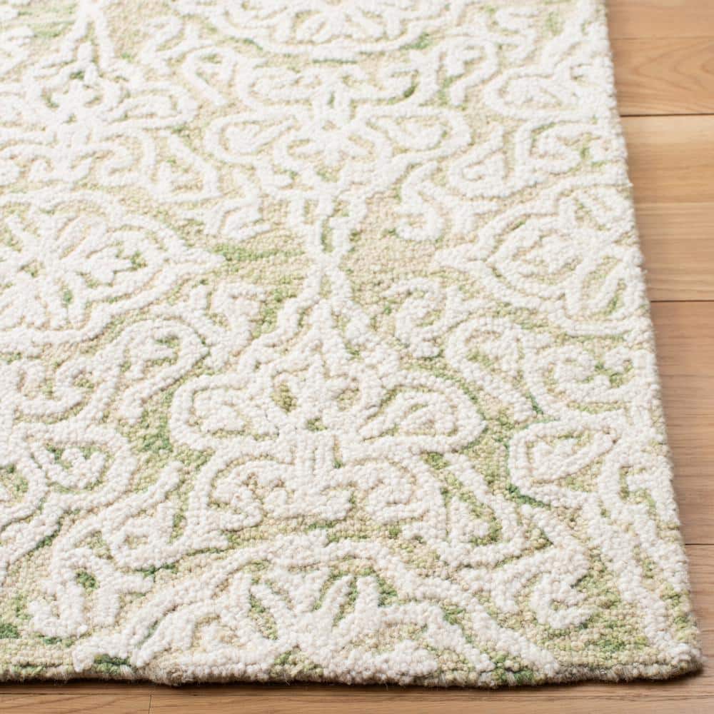 Ivory and Light Green Floral Wool Handmade Rug, 5' x 8'