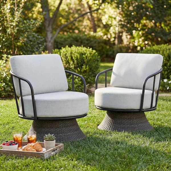 Kivo Gray Olefin Swivel Outdoor Lounge Chair with Steel Frame, 7 in. Cushion, Water Resistant Cover, Wicker base(2-Pack)