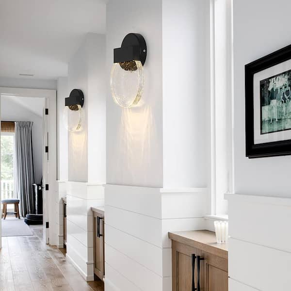 8.82 in. 1-Light Black LED Wall Light Round Wall Sconce with Crystal Bubble Glass Shade (2-Pack)