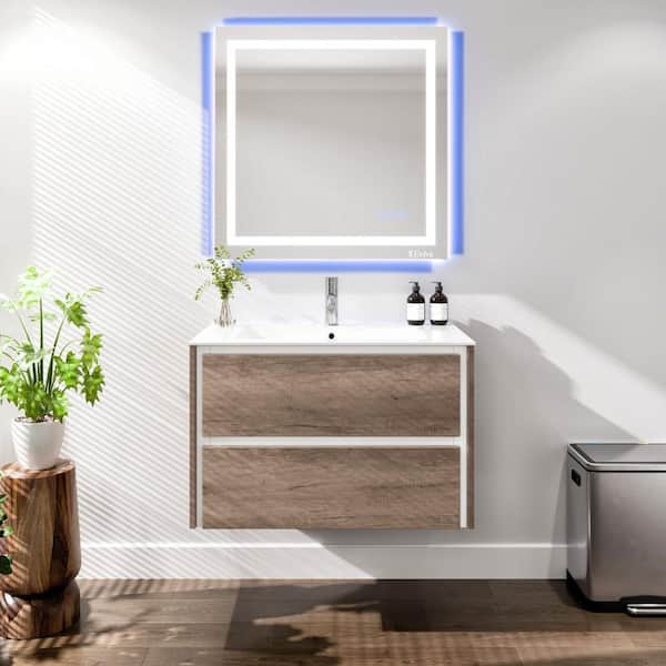 Luna 32 in. Single Sink Floating Gray Oak Bath Vanity with White Porcelain Top (Assembled)