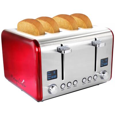 1800W 4-Slice Stainless Steel Red Wide Slot Toaster