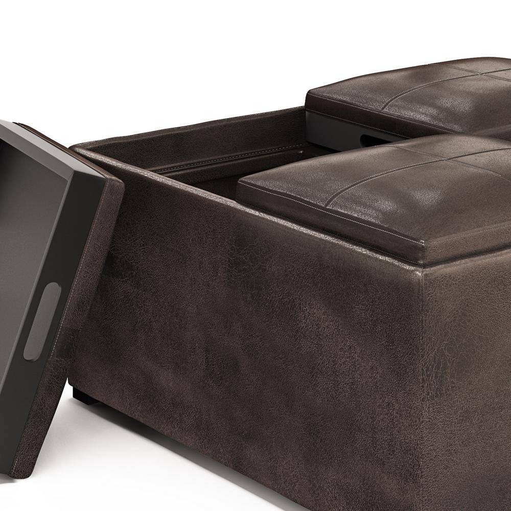 Distressed Brown Faux Leather Square Cocktail Ottoman with Tray