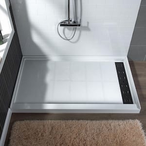 Krasik 48 in. L x 32 in. W Alcove Solid Surface Shower Pan Base with Right Drain in White with Matte Black Cover