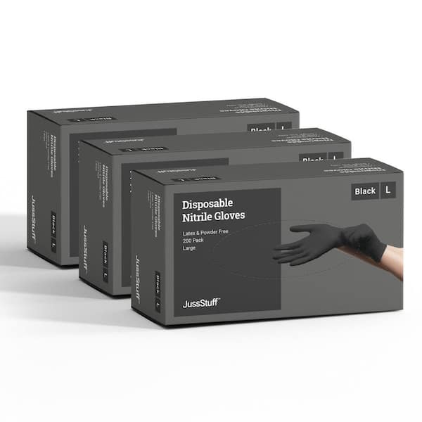 JussStuff Large Nitrile Exam Latex Free and Powder Free Gloves in Black - 3 Boxes of 200 Gloves (600 Total)