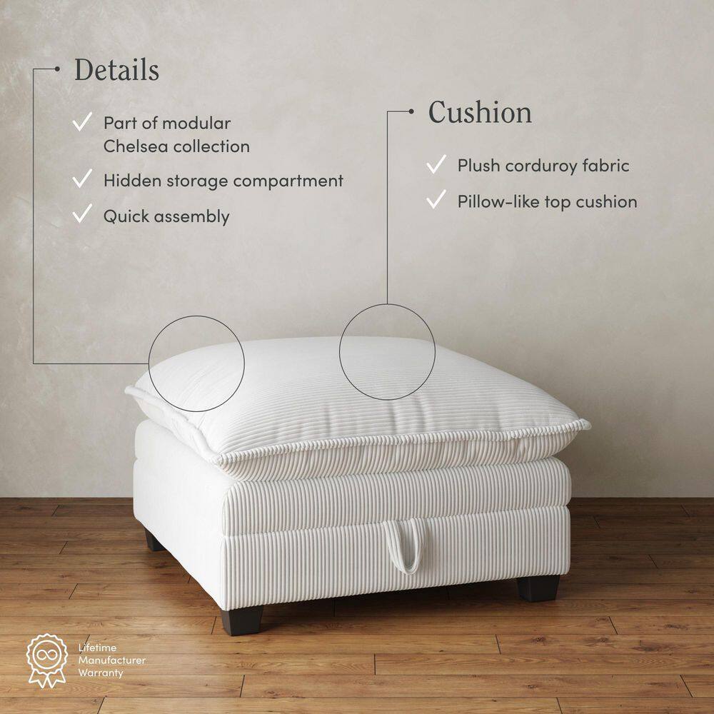 Pearl White Corduroy Upholstered Storage Ottoman with Removable Cushions