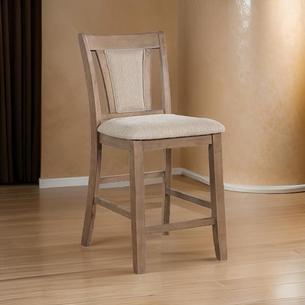 Benjara 25.75 in. Brown and Beige High Back Wood Frame Bar Stool with Fabric Seat (Set of 2)