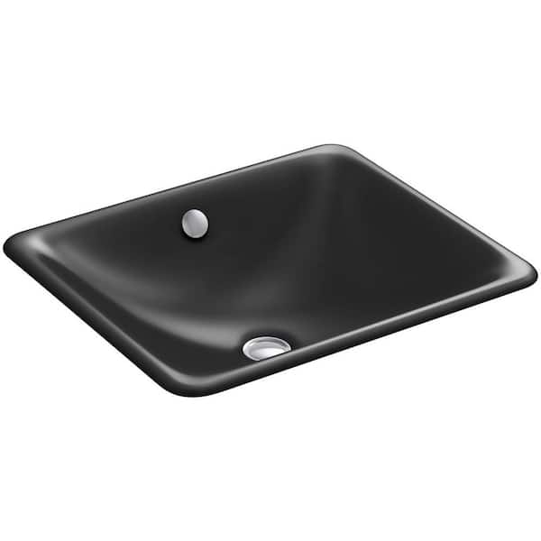 KOHLER Iron Plains 18" Square Drop-in/Undermount Cast Iron Bathroom Sink in Black with Overflow