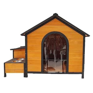 55.12 in. Outdoor Solid Wood Large Dog House with 2-Metal Bowls, 1-Side Storage Bin and Waterproof Door Curtains