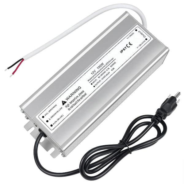 100 Watts Waterproof IP67 LED Driver 90-265V AC to 12V DC Low Voltage Output Adapter w/ 3-Prong Plug 3.3 Feet Cable