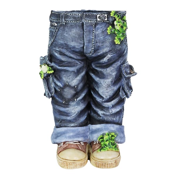Exhart 7.25 in. Dia Blue Resin Pot Hand Painted Standing Jeans with Frogs