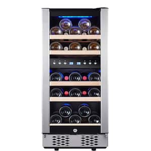 15 in. Dual Zone 30-Bottle Free Standing Wine Cooler Refrigerator with Temperature Control Glass Doors in Black