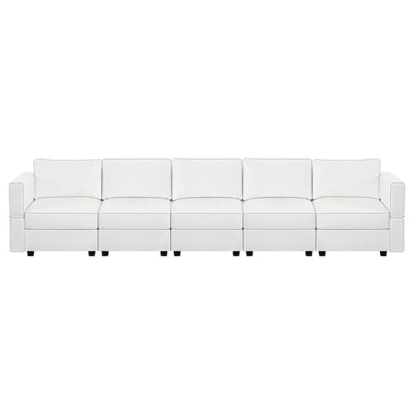 HOMESTOCK 138.19 in. W Linen 5-Seater Living Room Modular Sectional Sofa for Streamlined Comfort in White