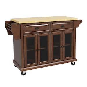 Mid-centry Walnut Solid Wood Top 51.2 in. Rolling Kitchen Island with Drop Leaf and Glass Cabinet, Racks and Drawers