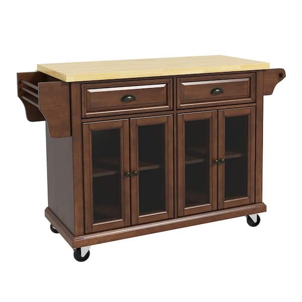 Unbranded Mid-centry Walnut Solid Wood Top 51.2 in. Rolling Kitchen Island with Drop Leaf and Glass Cabinet, Racks and Drawers