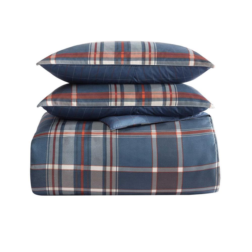 Navy Blue Plaid Microfiber Full/Queen Duvet Cover Set